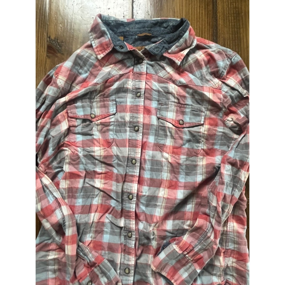 JACHS GIRLFRIEND BEA LONG SLEEVE FLANNEL PEARL SNAP BUTTON UP SHIRT WOMENS L